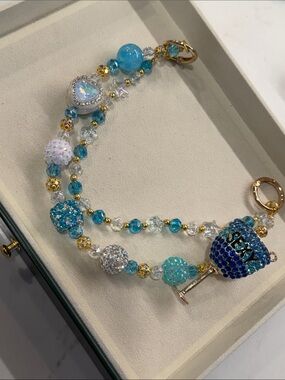 Aqua Blue Crystal Beaded Purse Charm Chain Gold Tone Hardware